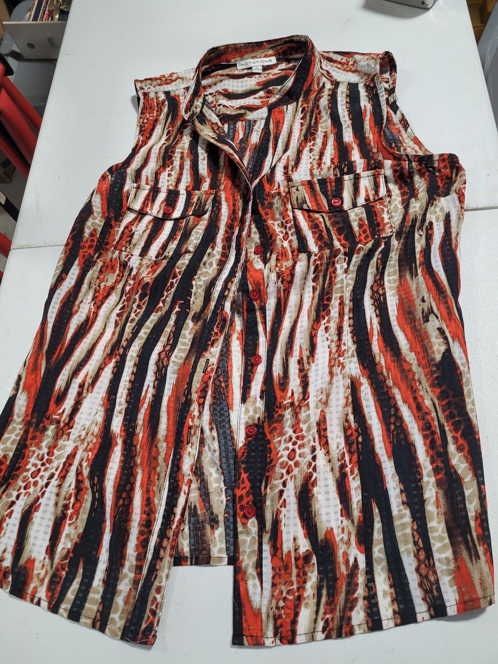 Notations Sleeveless Button-Down Top in Red, Black & Cream Animal Stripe